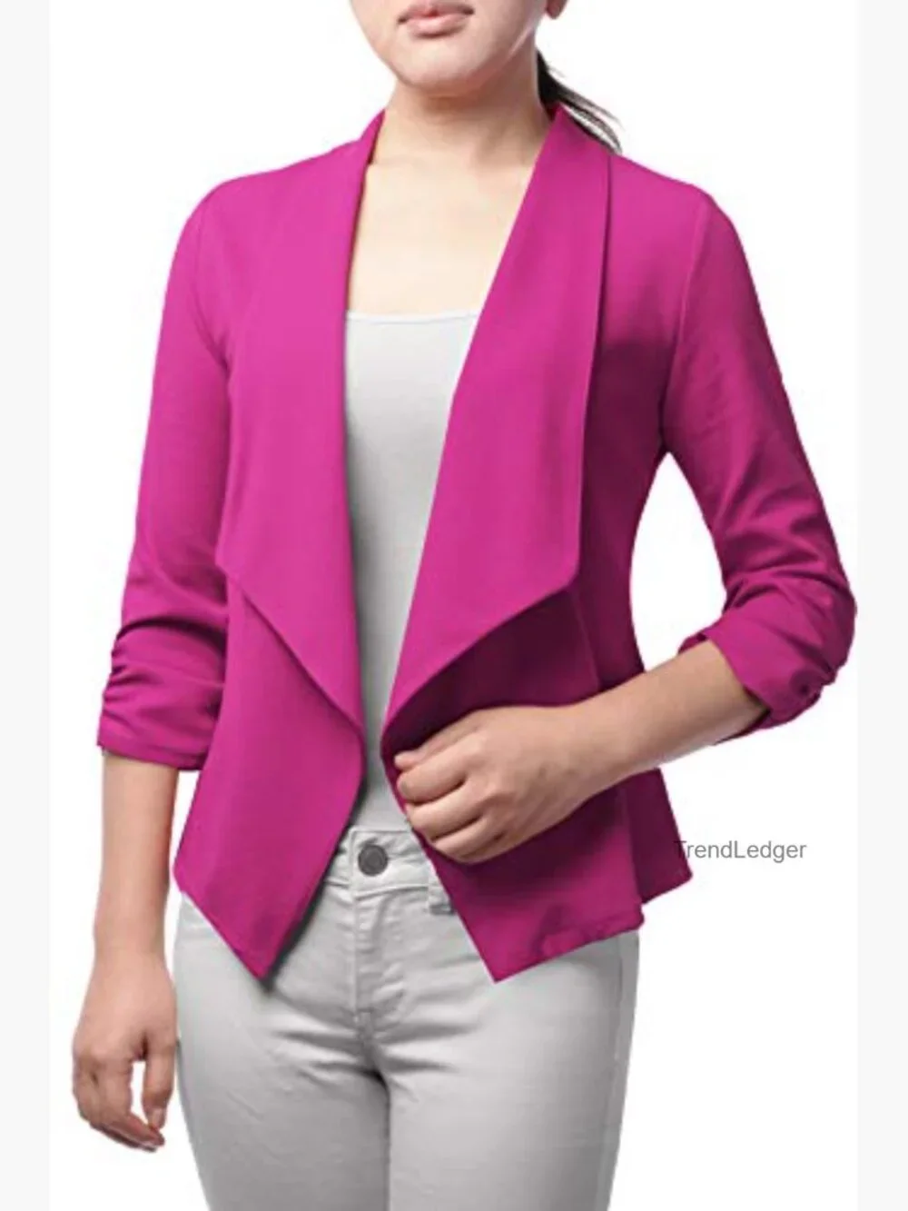 Stretch 3/4 Gathered Sleeve Open Blazer Jacket Made in USA - Picture 5 of 7